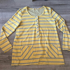 Soft Surroundings Striped Blouse Yellow and Gray Button Down Dramatic Spring